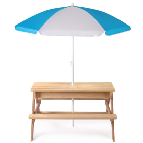 3-in-1 Kids Outdoor Wooden Picnic Table With Umbrella, Convertible Sand And Water Kettle (Option: Natural Wood)